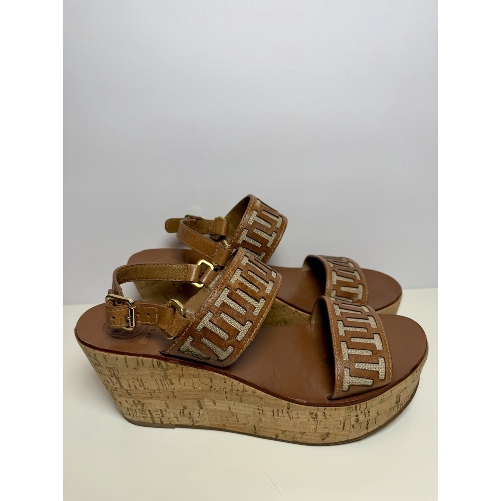 Tory Burch Regan Cork Wedge T Logo Brown Leather Sandal's Women's Size 9.5